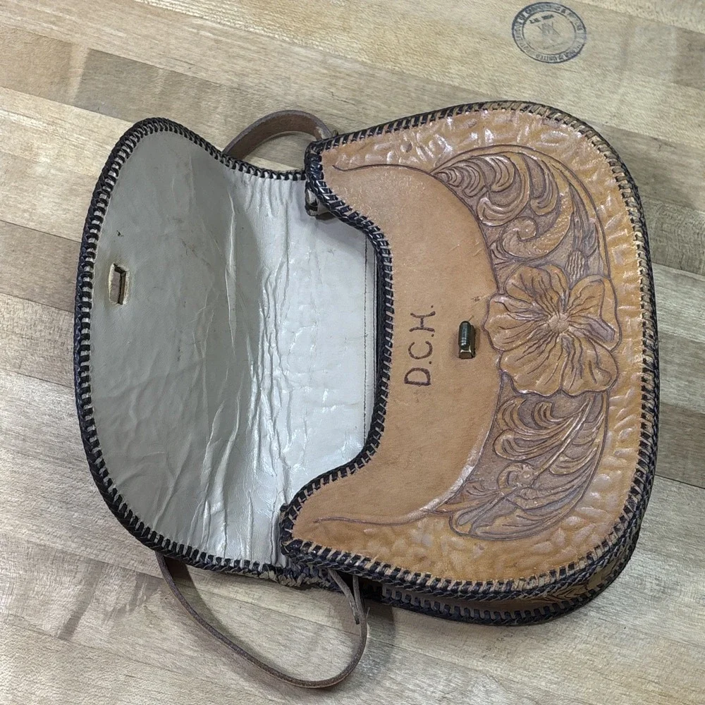 Vintage DCH Hand Tooled Leather Purse Floral Western Whipstitch Shoulder Bag